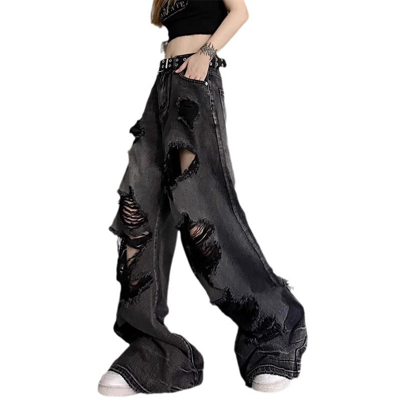 American high street beggar ripped jean straight-leg