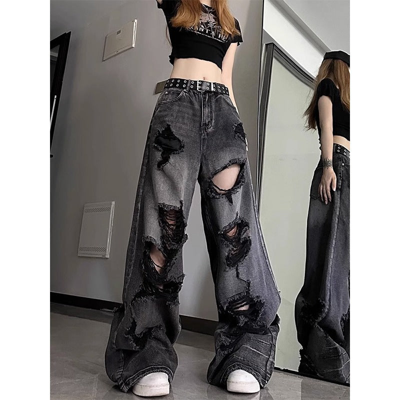 American high street beggar ripped jean straight-leg