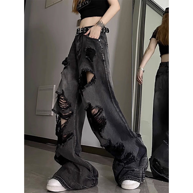 American high street beggar ripped jean straight-leg