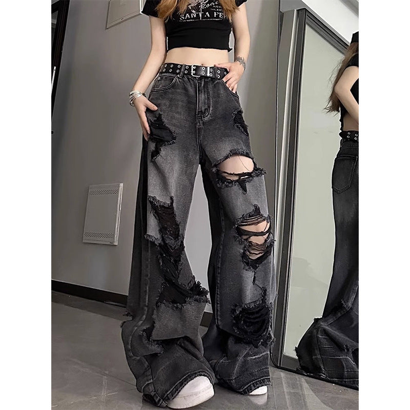 American high street beggar ripped jean straight-leg