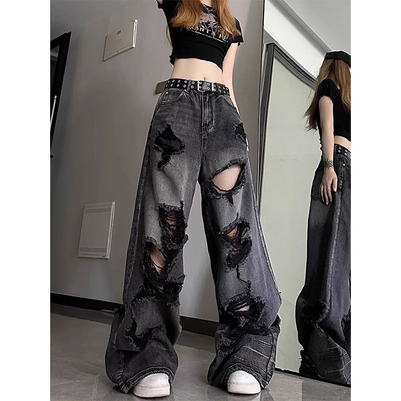 American high street beggar ripped jean straight-leg